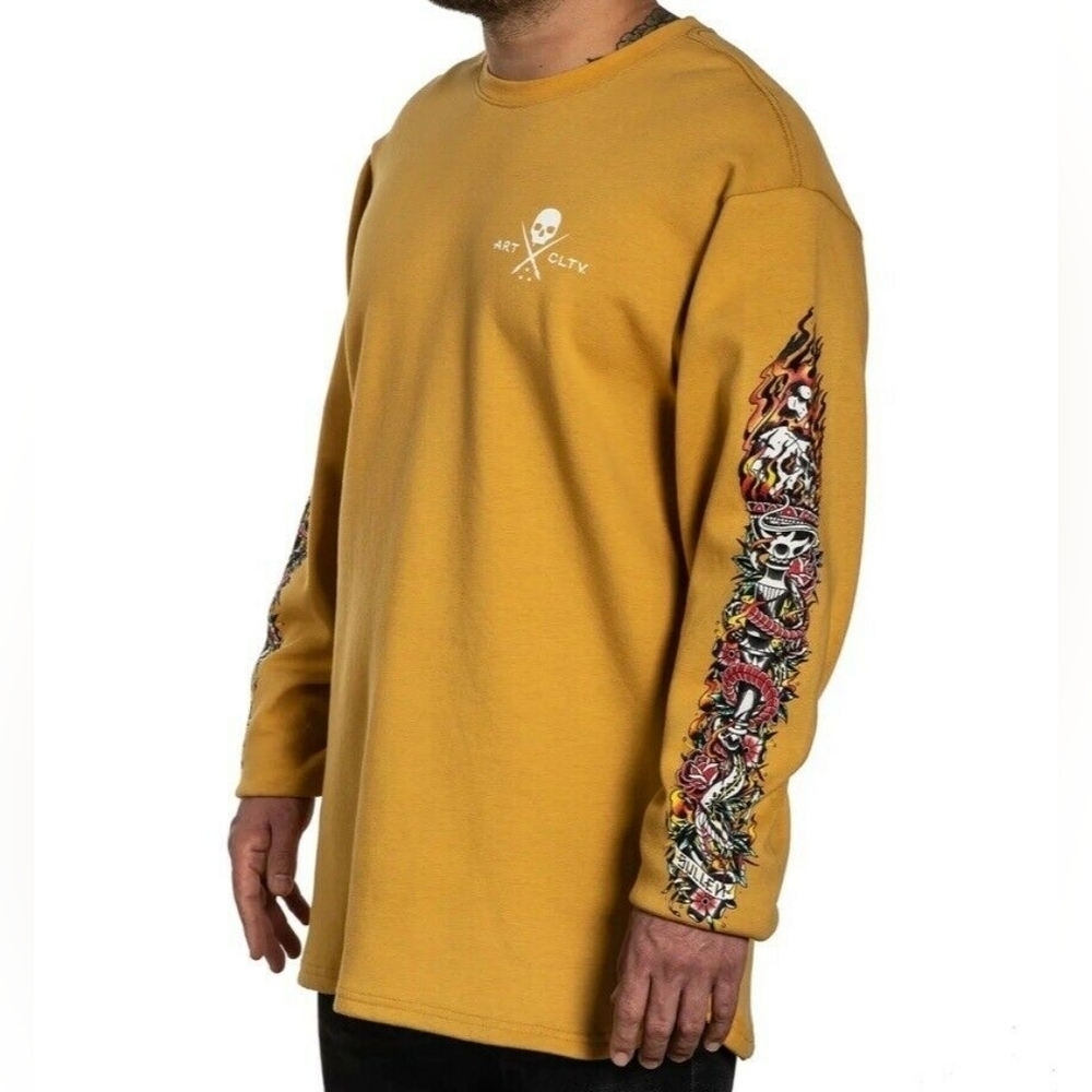Sullen Art Collective Torched Tatoo Thermal Yellow Gold Sweatshirt Skulls‎ Fire